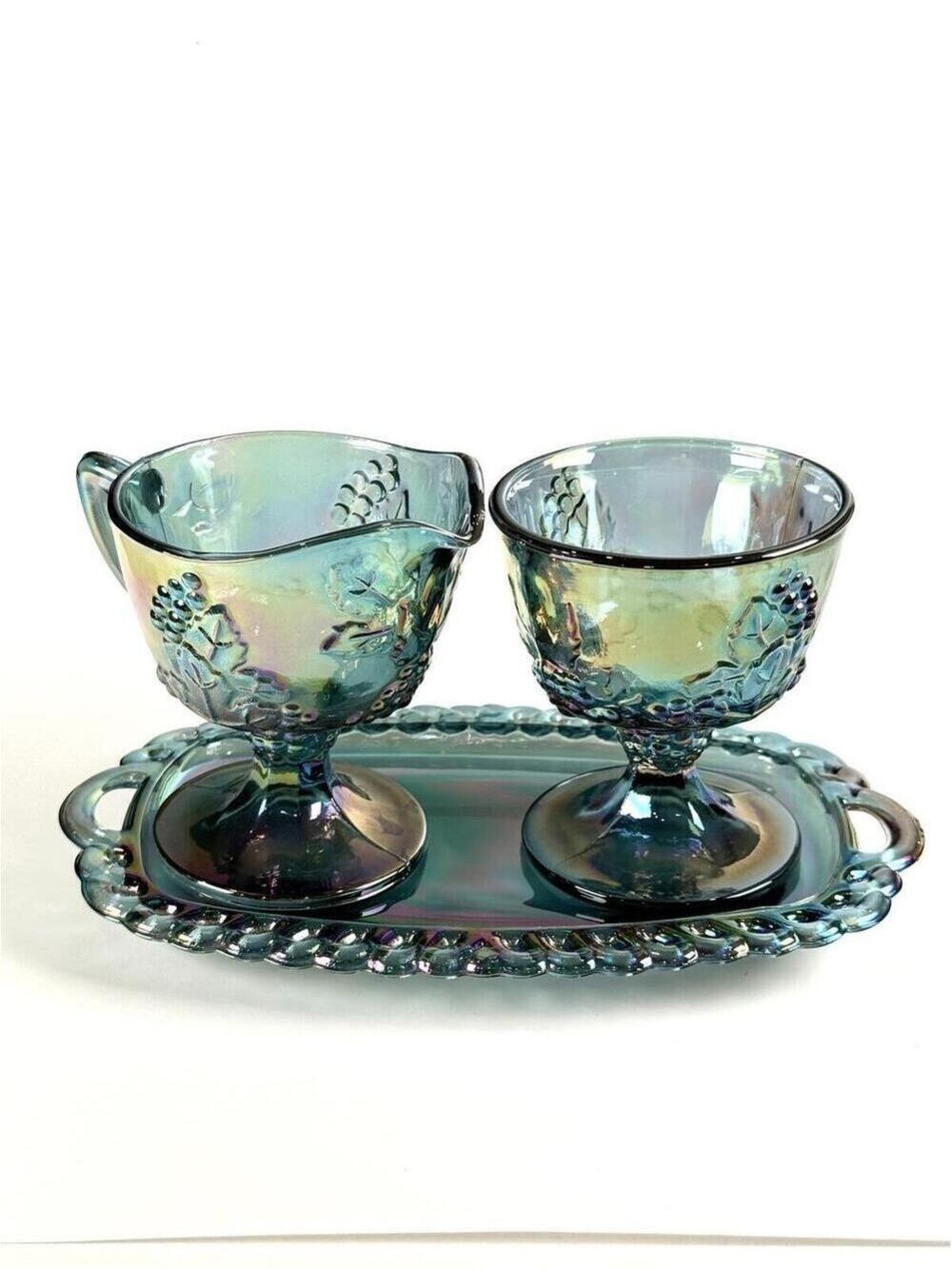 Vintage Indiana Carnival Glass Cream Sugar Tray Harvest Grape Blue Iridescent